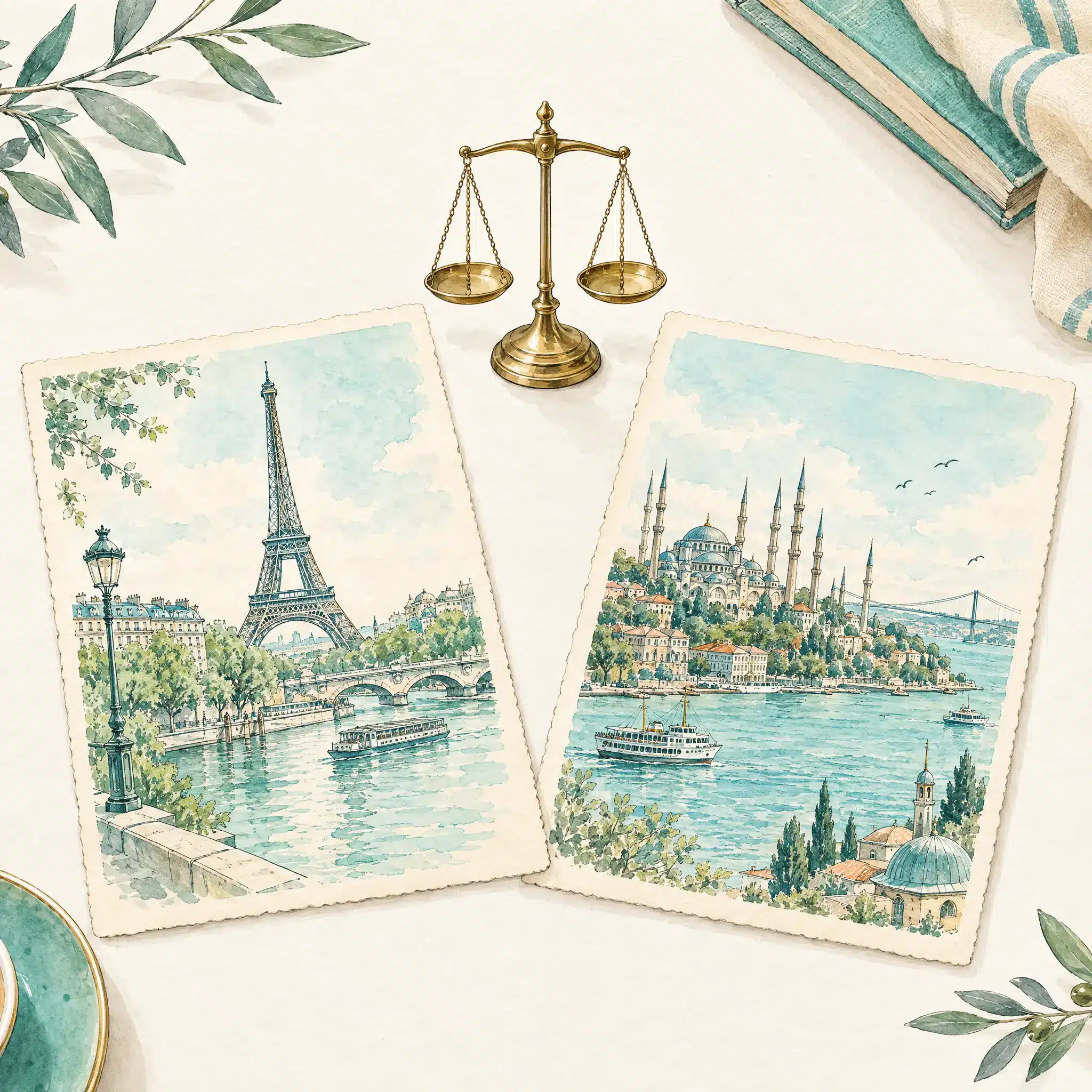 Deux cartes postales aquarellées de Paris et d'Istanbul et une petite balance en laiton : comparer le prix d'une greffe de cheveux en France et en Turquie