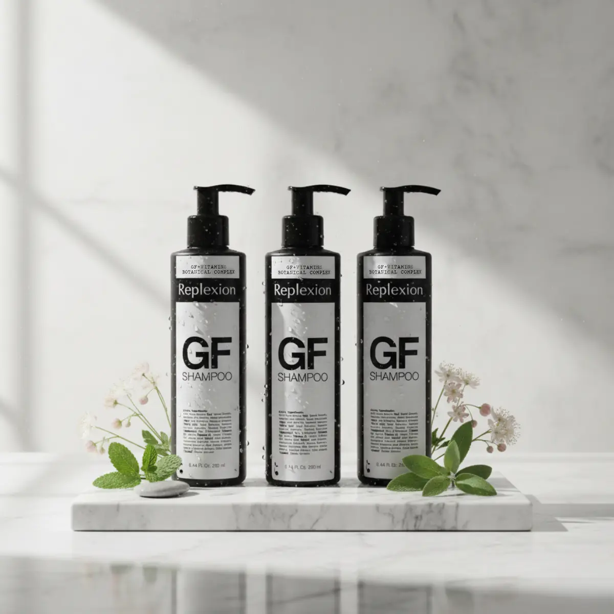 Coffret de trois shampoings GrowthFactor : trois flacons à pompe sur un plateau en marbre, avec quelques fleurs