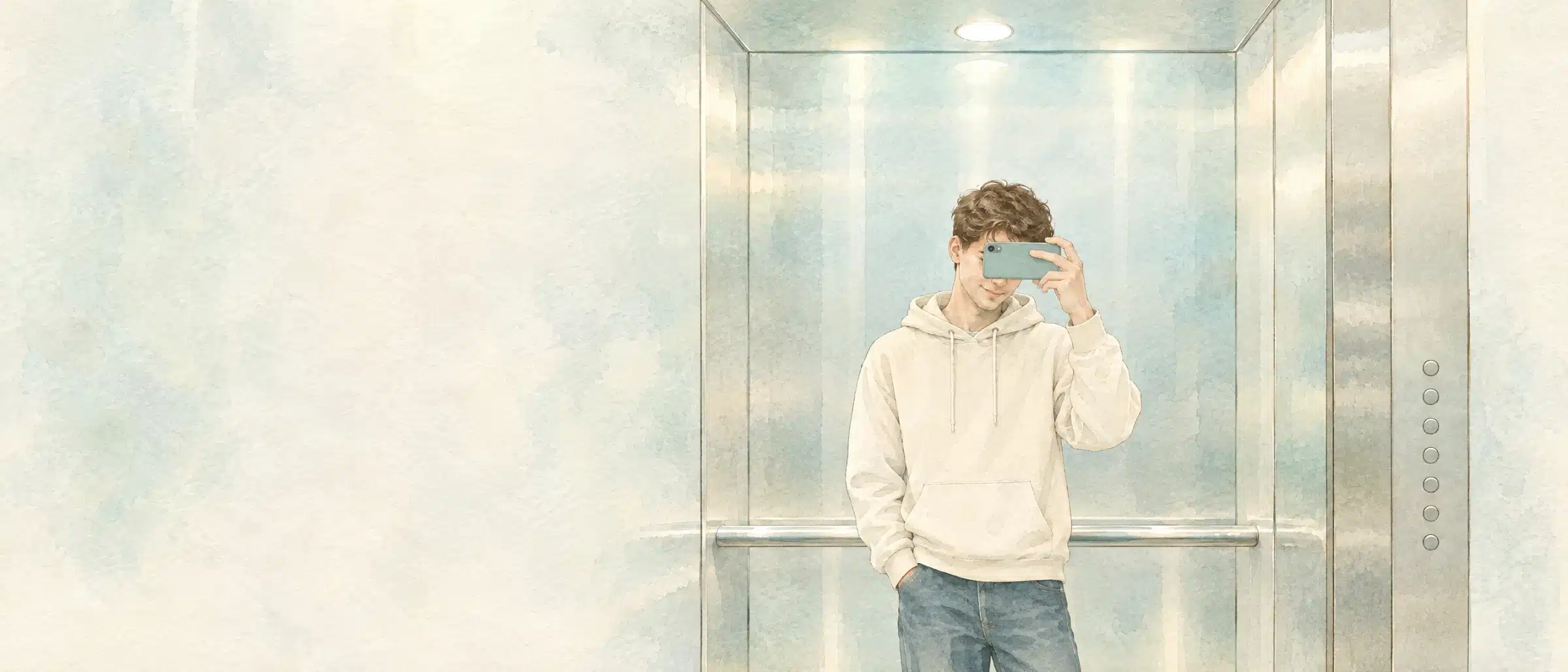 Illustration of a young man filming himself in a lift mirror to keep an eye on his hairline