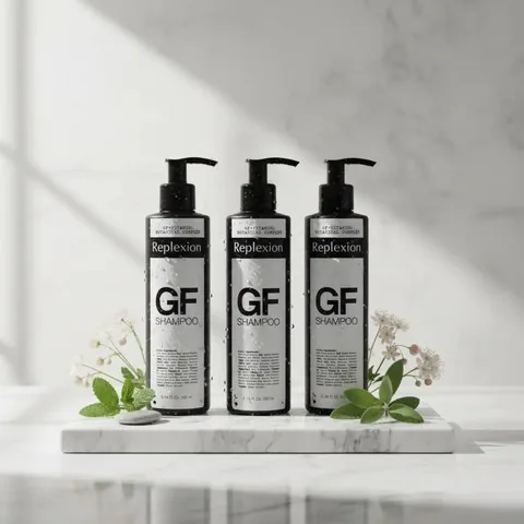 Coffret de trois shampoings GrowthFactor : trois flacons à pompe sur un plateau en marbre, avec quelques fleurs