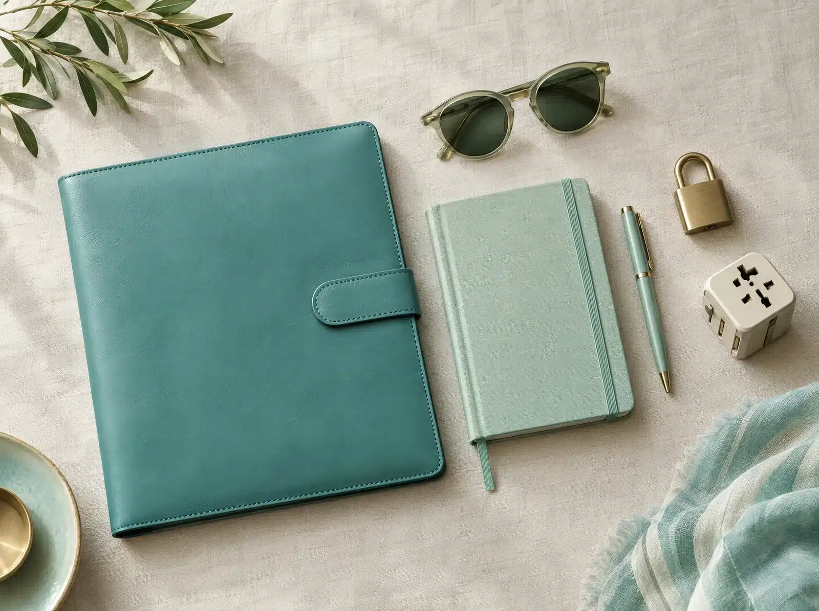 Objets de voyage posés à plat : pochette en cuir, carnet, lunettes de soleil, cadenas et adaptateur