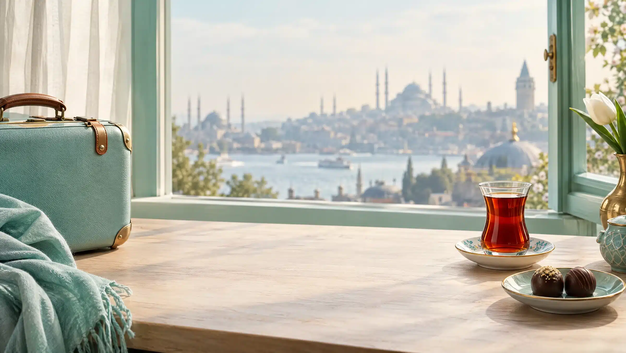 Valise cabine, verre de thé turc et deux pralines posés devant une fenêtre ouverte sur Istanbul