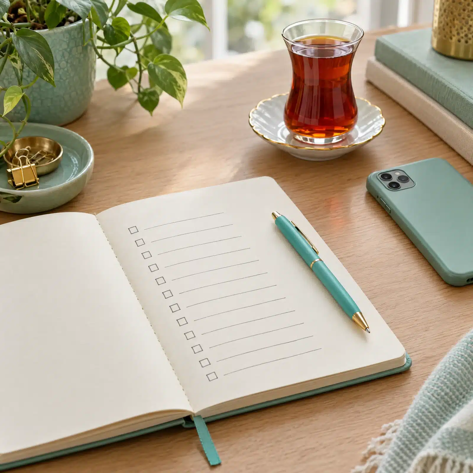 Carnet aux cases vides, stylo et tasse de thé posés sur une table