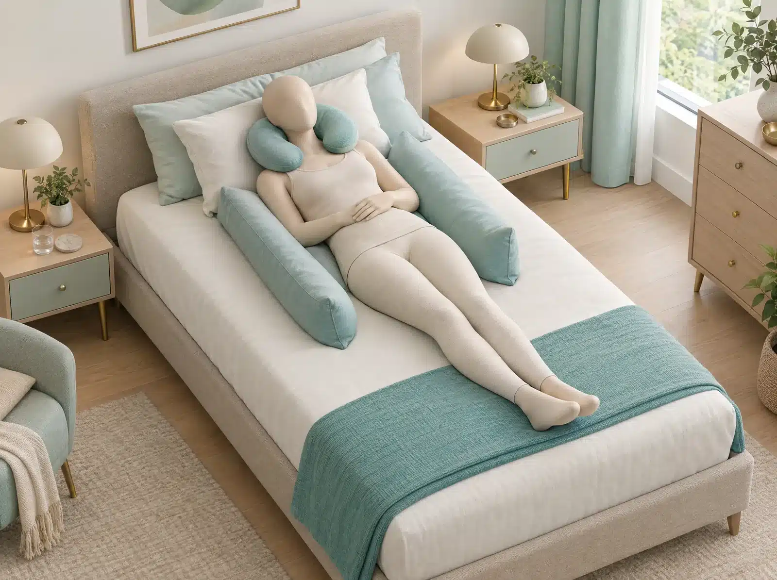 Illustration 3D d'un lit avec un mannequin sans visage allongé sur le dos, la tête surélevée sur des oreillers, d'autres oreillers calés de chaque côté