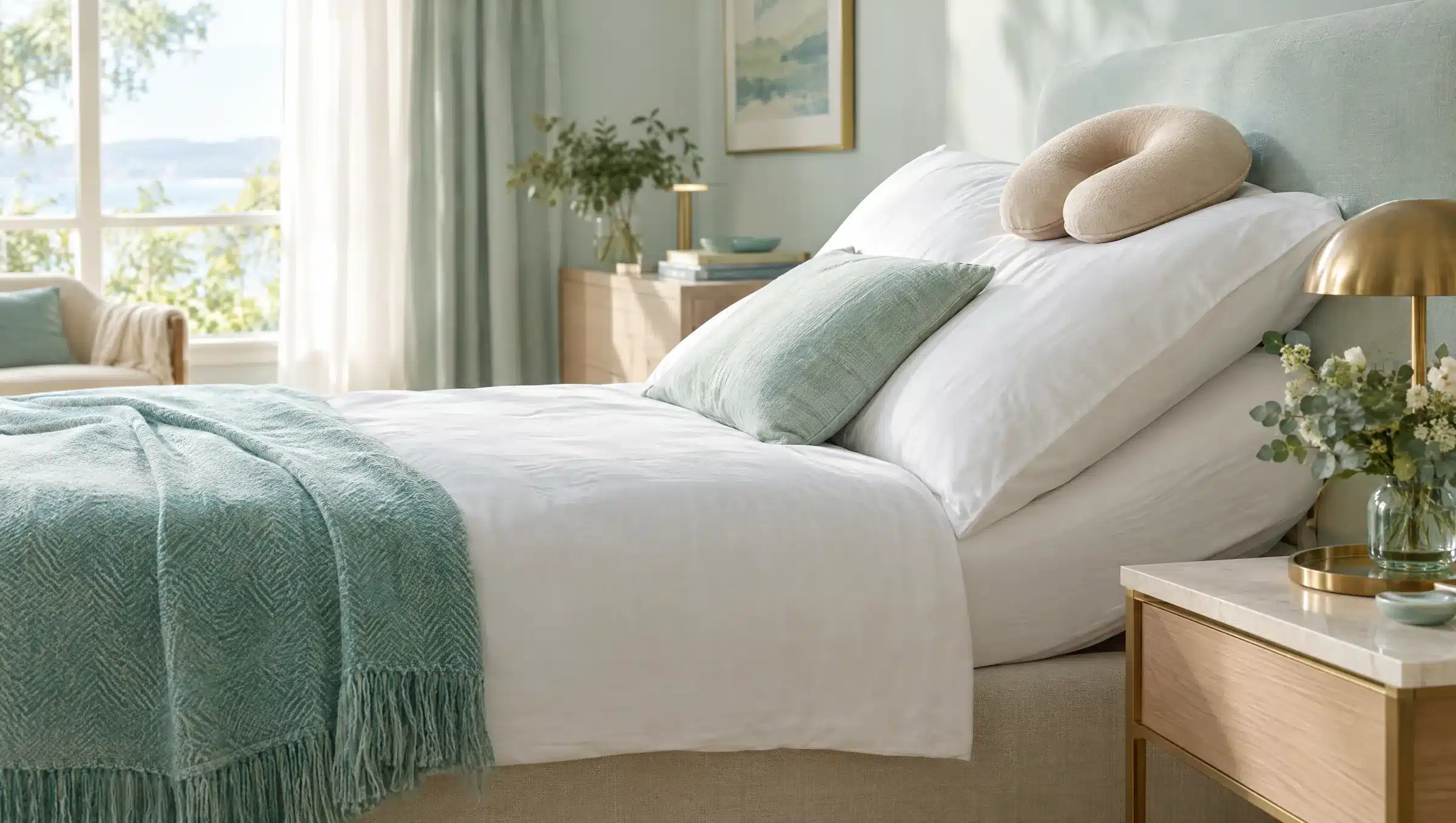 Lit vu de côté, tête surélevée par deux oreillers et coussin de cou en U beige, dans la lumière douce du matin