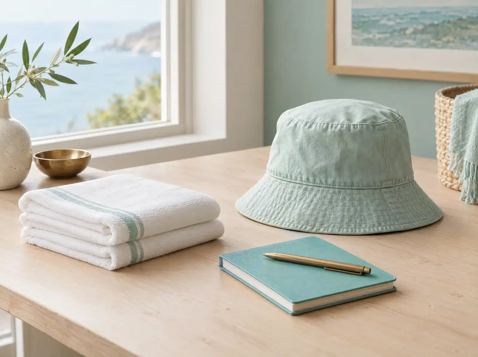 Serviette fine en coton pliée, bob en coton et petit carnet avec un stylo en laiton posés sur une table en bois clair