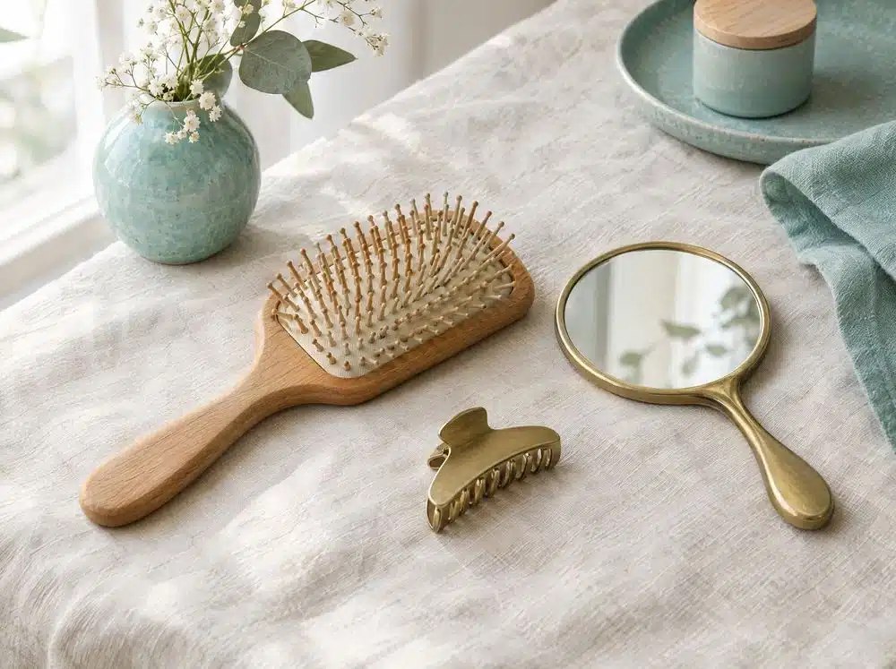 Brosse à cheveux en bois, petit miroir à main et pince en laiton posés sur un linge clair
