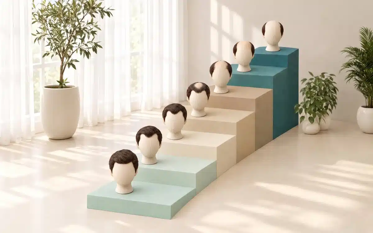 Escalier de sept marches, du turquoise clair au turquoise profond, avec sur chaque marche une tête de mannequin dont les cheveux reculent peu à peu : les sept stades de l'échelle de Norwood