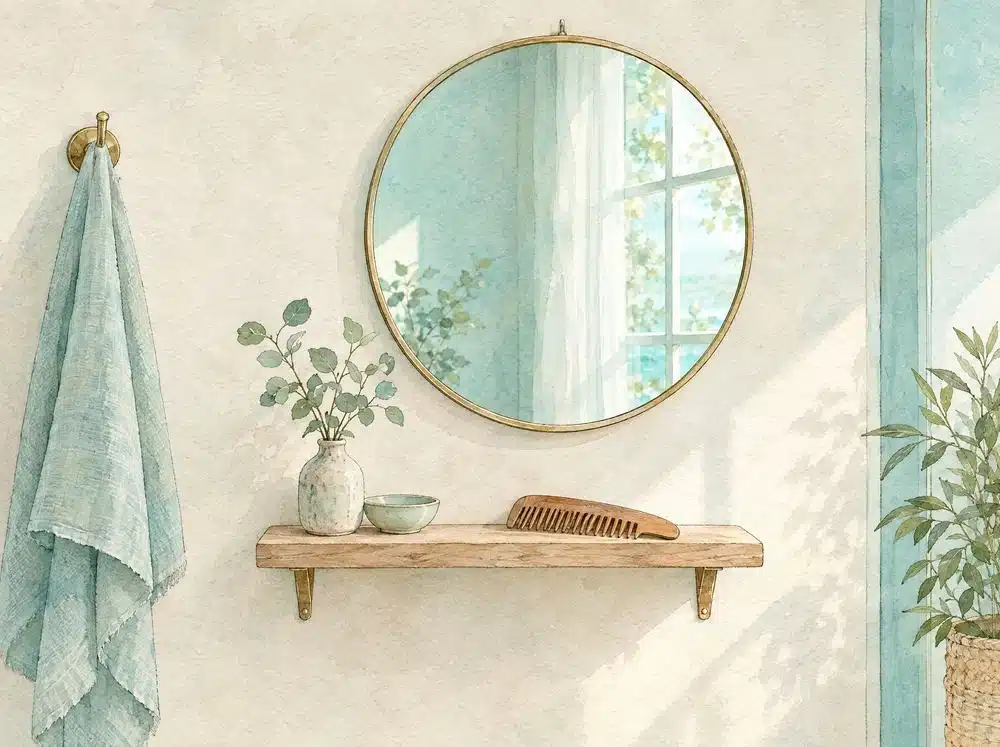 Aquarelle d'un miroir rond à cadre en laiton reflétant une fenêtre lumineuse, avec un peigne en bois sur une petite étagère