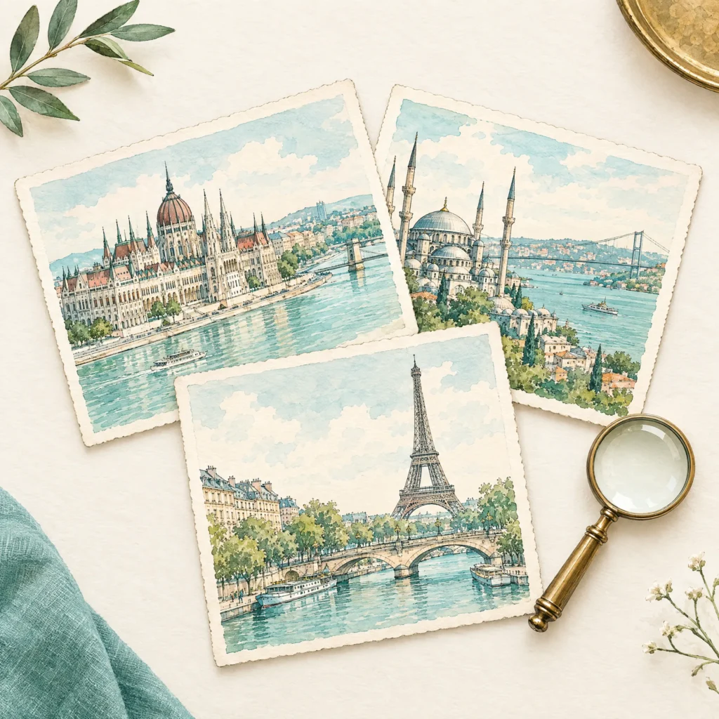 Trois cartes postales aquarelle : Budapest, Istanbul et Paris, pour comparer les prix d'une greffe de cheveux
