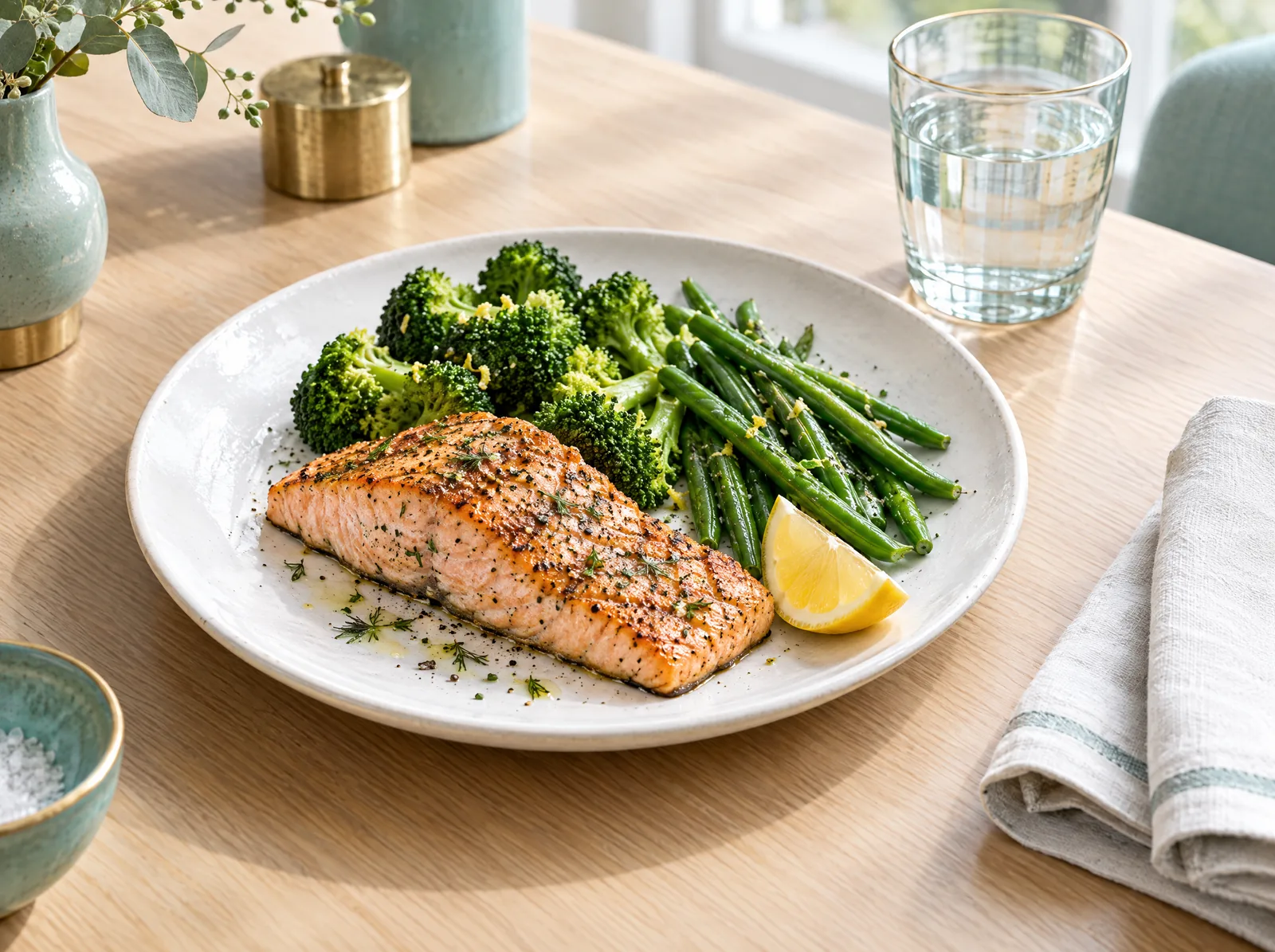 Une assiette de saumon grillé avec des brocolis et des haricots verts, un quartier de citron et un verre d’eau : une alimentation riche en protéines après une greffe