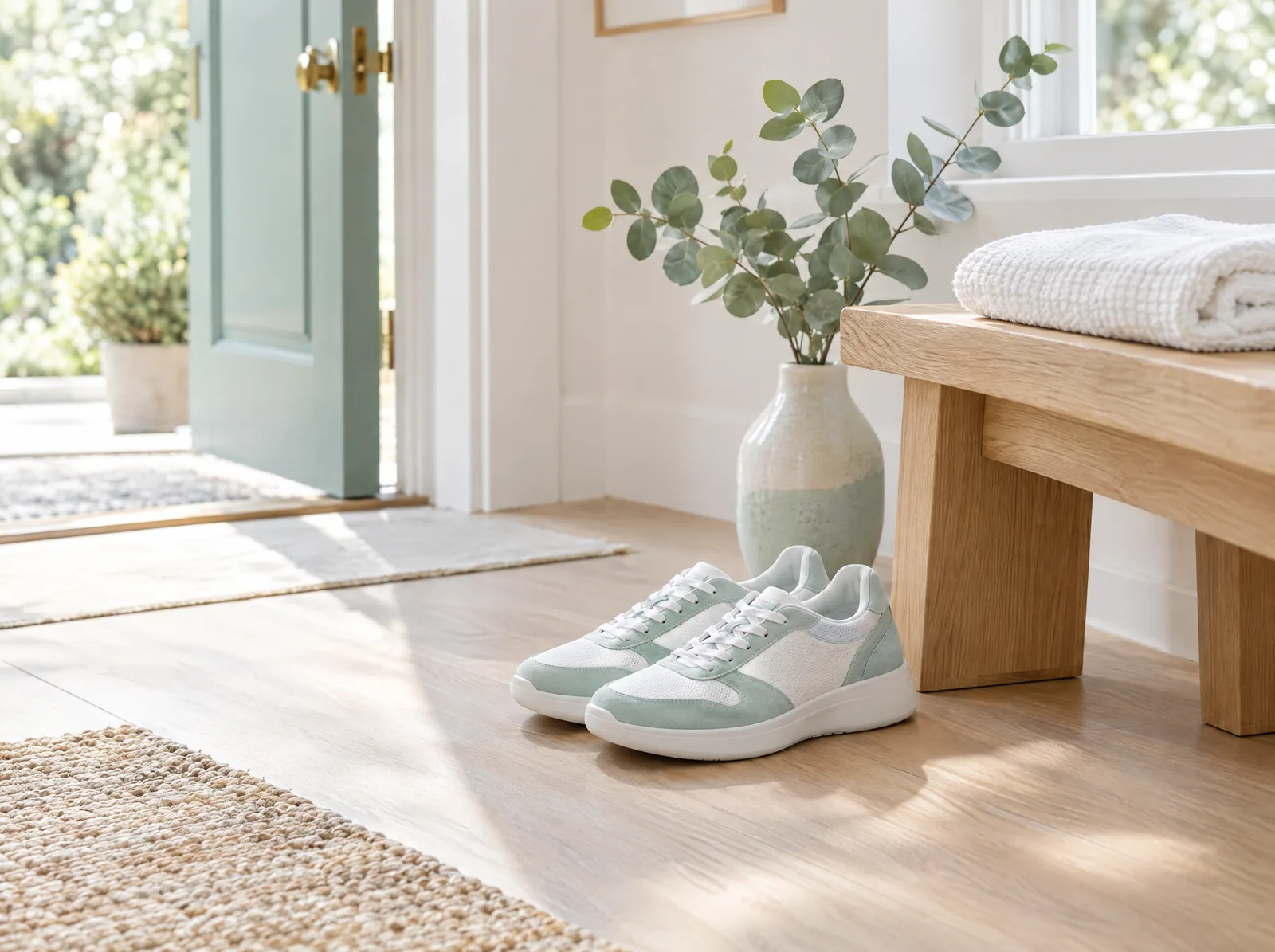 Une paire de baskets blanches et vert d’eau posée dans une entrée lumineuse, près d’un banc en chêne clair : la marche est possible dès la première semaine