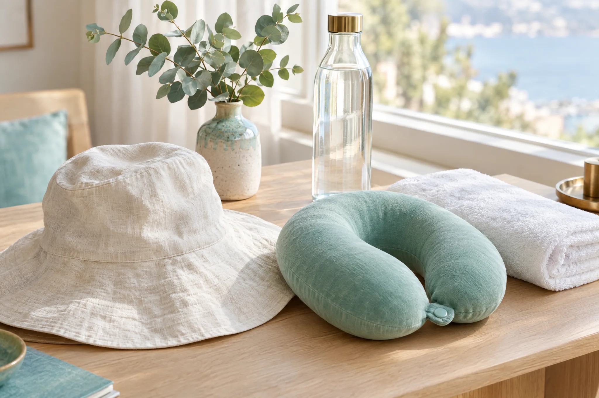 Un bob en lin blanc très ample, un coussin de cou vert d’eau, une bouteille d’eau et une serviette blanche posés sur une table en chêne clair près d’une fenêtre : le nécessaire des premiers jours après une greffe de cheveux