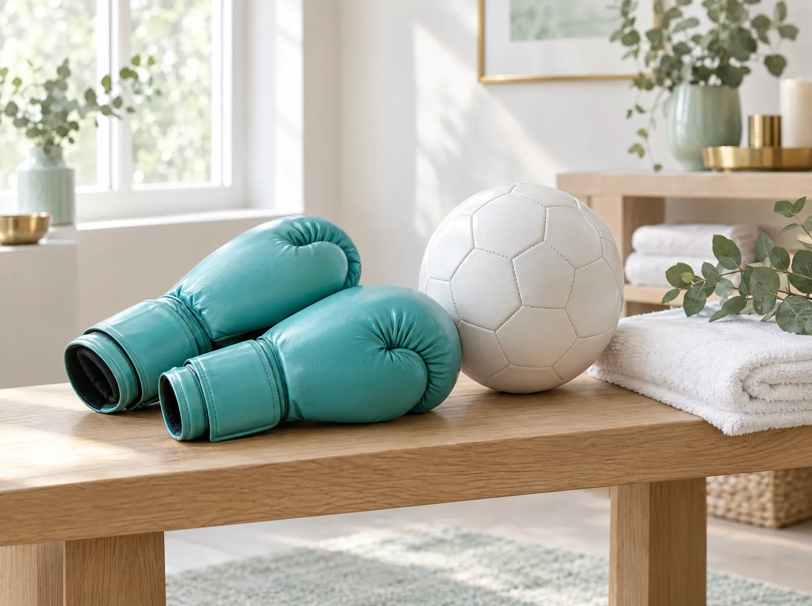 Une paire de gants de boxe turquoise et un ballon blanc posés sur un banc en chêne clair, à côté d’une serviette pliée : pas de sports de combat ni de sports de ballon pendant 1 mois ½