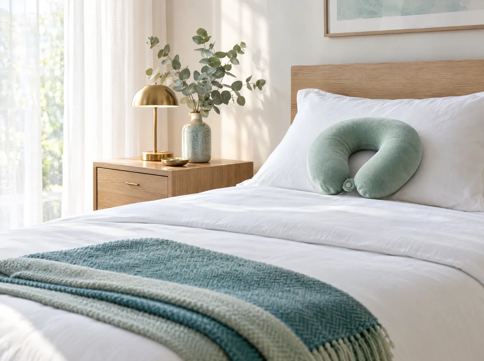 Un lit aux draps blancs avec un coussin de cou vert d’eau posé sur l’oreiller et un plaid turquoise, près d’une table de chevet en chêne clair : bien dormir après une greffe de cheveux