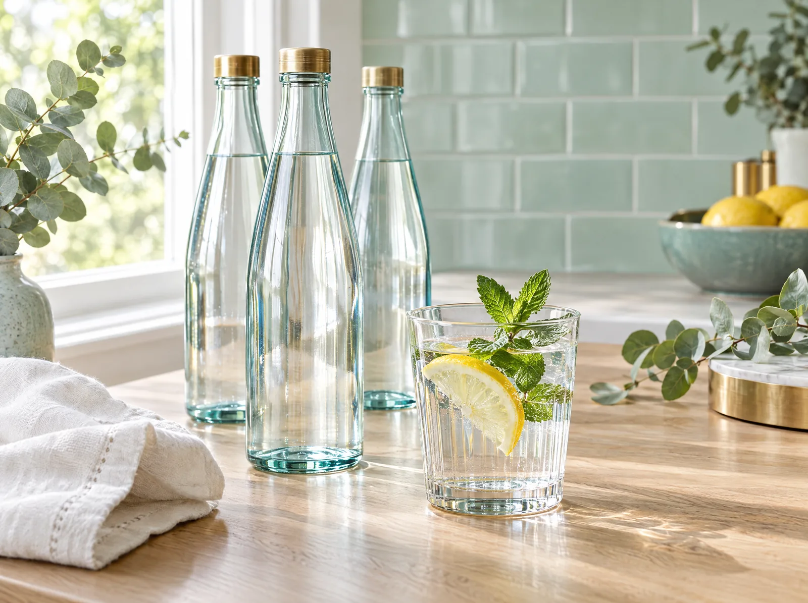 Trois bouteilles en verre remplies d’eau et un verre d’eau avec une tranche de citron et de la menthe, sur une table en chêne clair : boire beaucoup d’eau après une greffe de cheveux