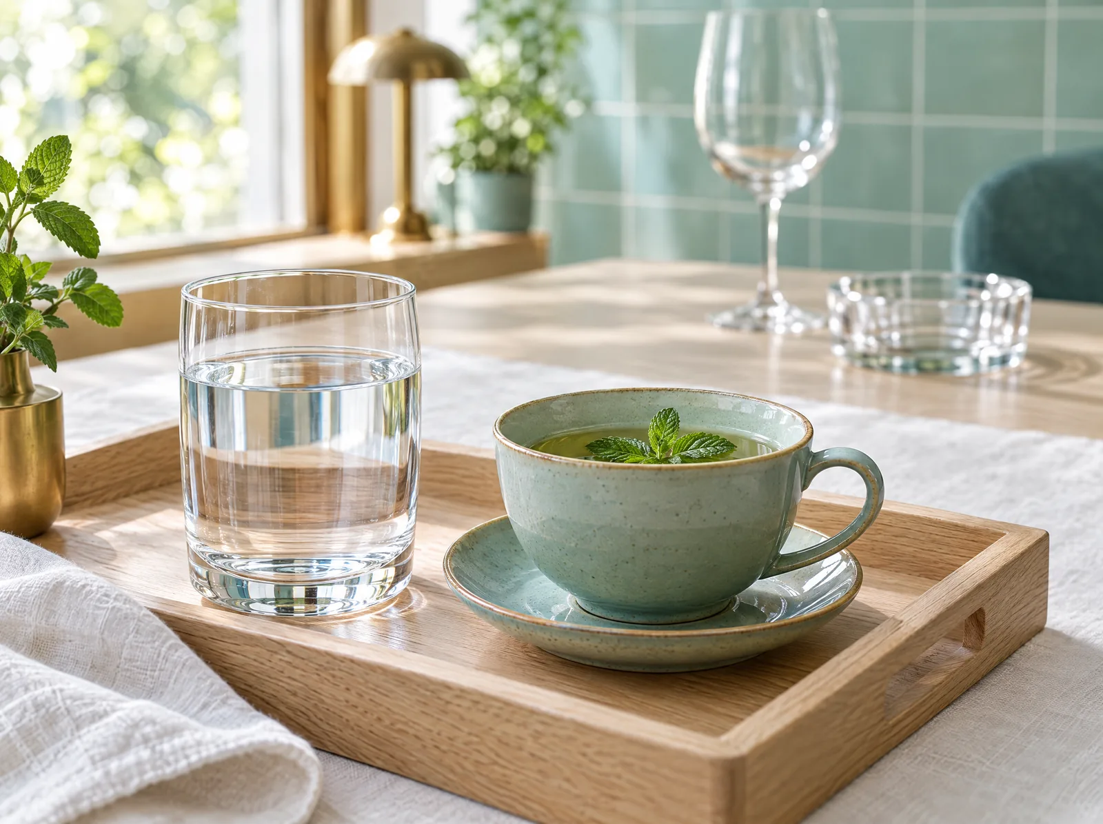 Un verre d’eau et une tasse de thé à la menthe sur un plateau en chêne clair, avec un verre à vin et un cendrier vides en arrière-plan : ni tabac ni alcool après une greffe