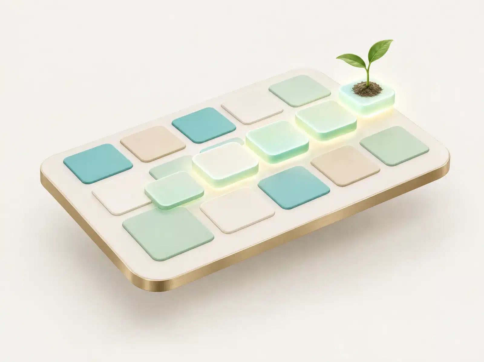 Calendrier en 3D sans chiffres, avec des cases en relief et une jeune pousse sur la dernière