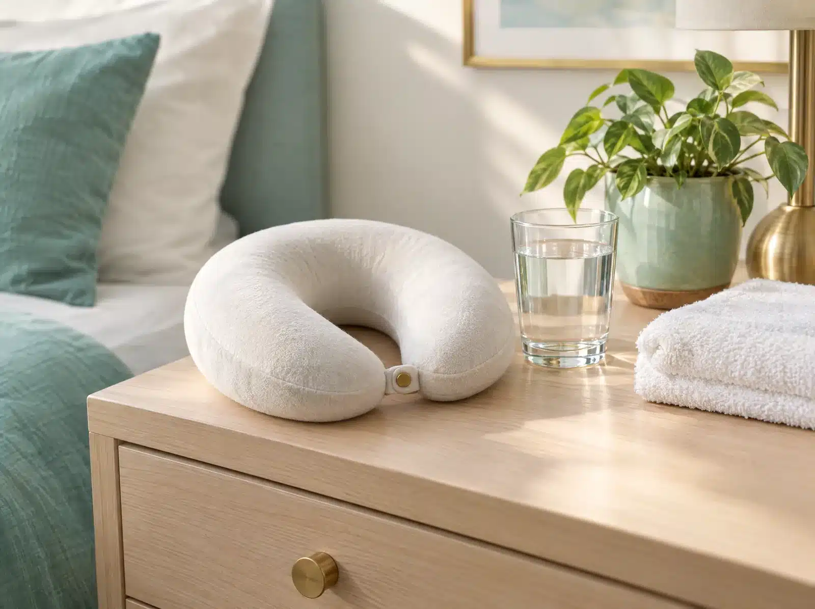 Coussin de cou en U, verre d'eau et serviette pliée sur une table de chevet