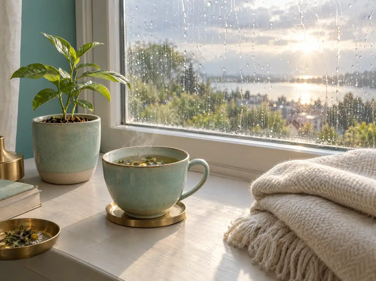 Tasse de tisane, jeune plante en pot et plaid plié sur un rebord de fenêtre éclairé par un soleil qui perce les nuages