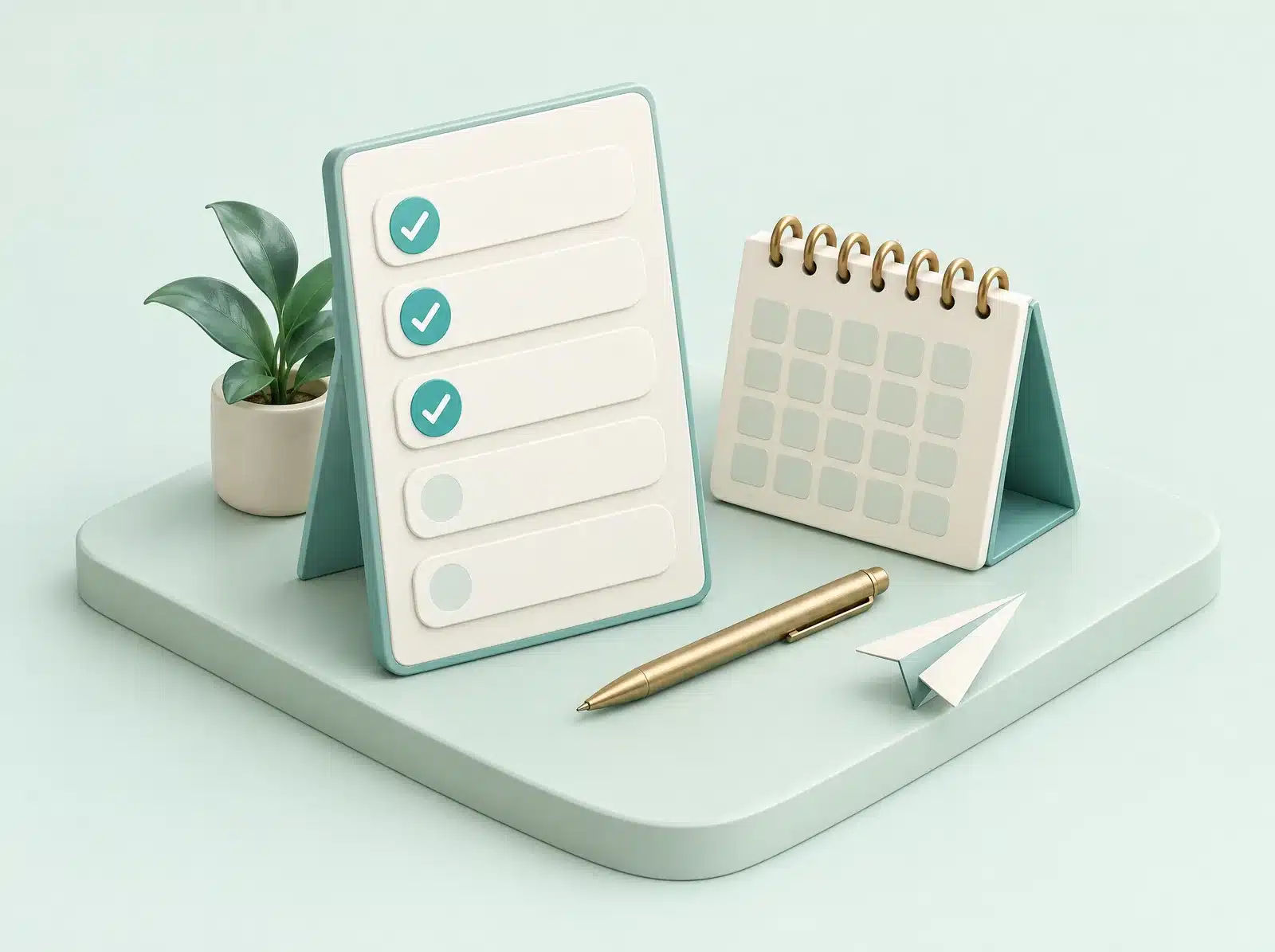 Illustration en 3D d'un tableau de liste à cocher et d'un calendrier de bureau, avec un petit avion en papier