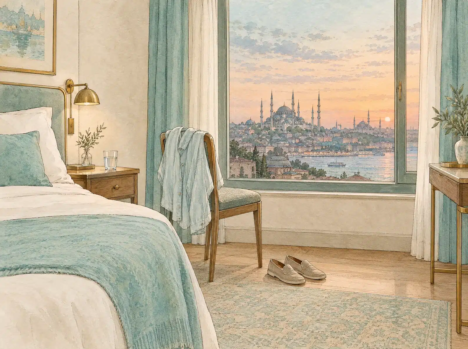 Aquarelle d'une chambre d'hôtel le soir : chemise boutonnée sur une chaise, chaussures sans lacets et verre d'eau