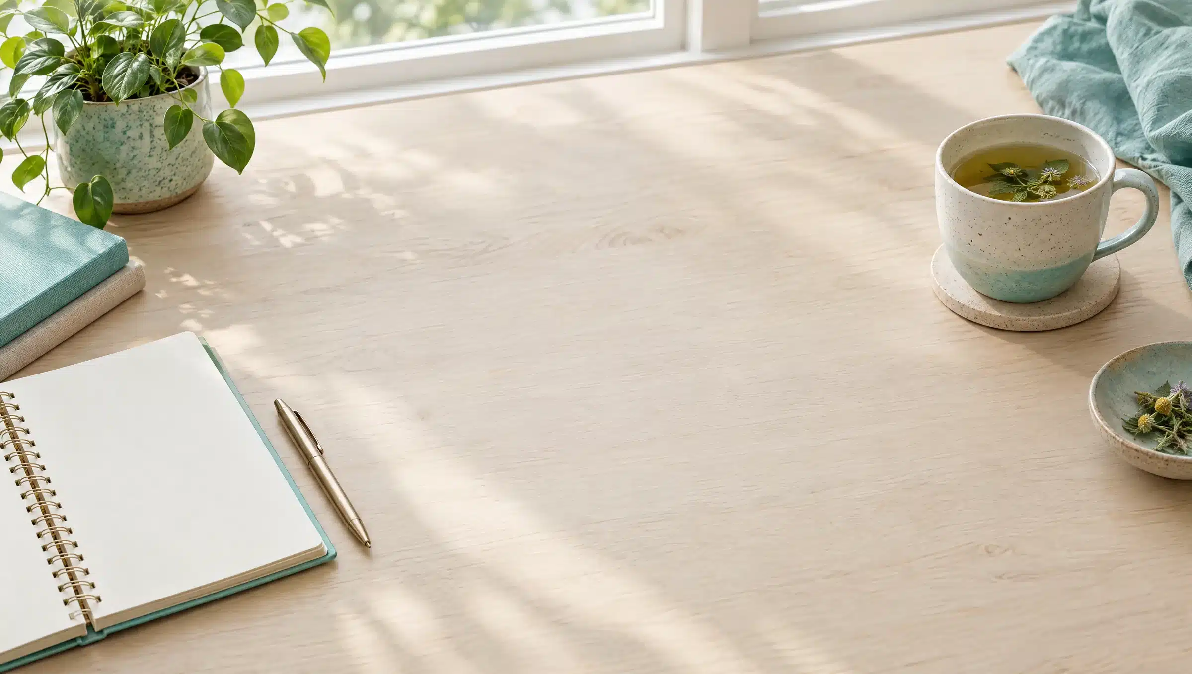 Bureau lumineux près d'une fenêtre, avec un agenda vierge, un stylo et une tasse de tisane