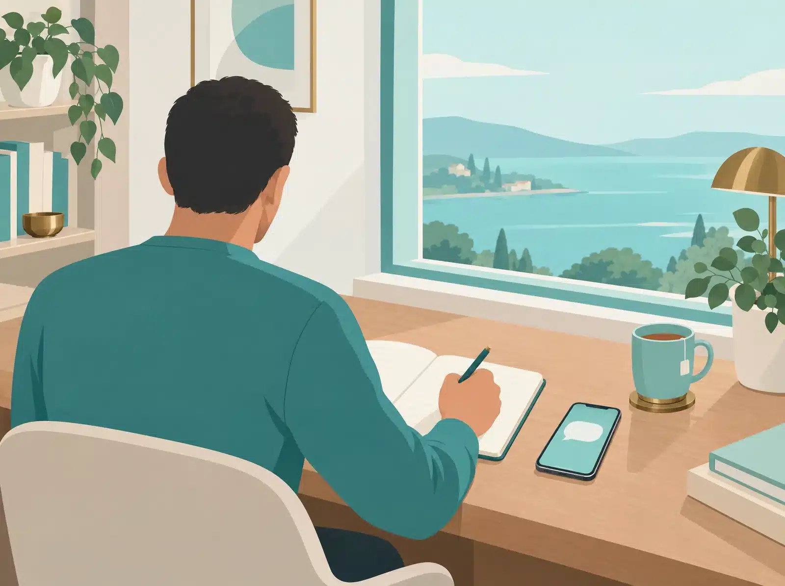 Illustration vectorielle d'une personne vue de dos qui écrit dans un carnet, à côté d'un téléphone et d'une tasse