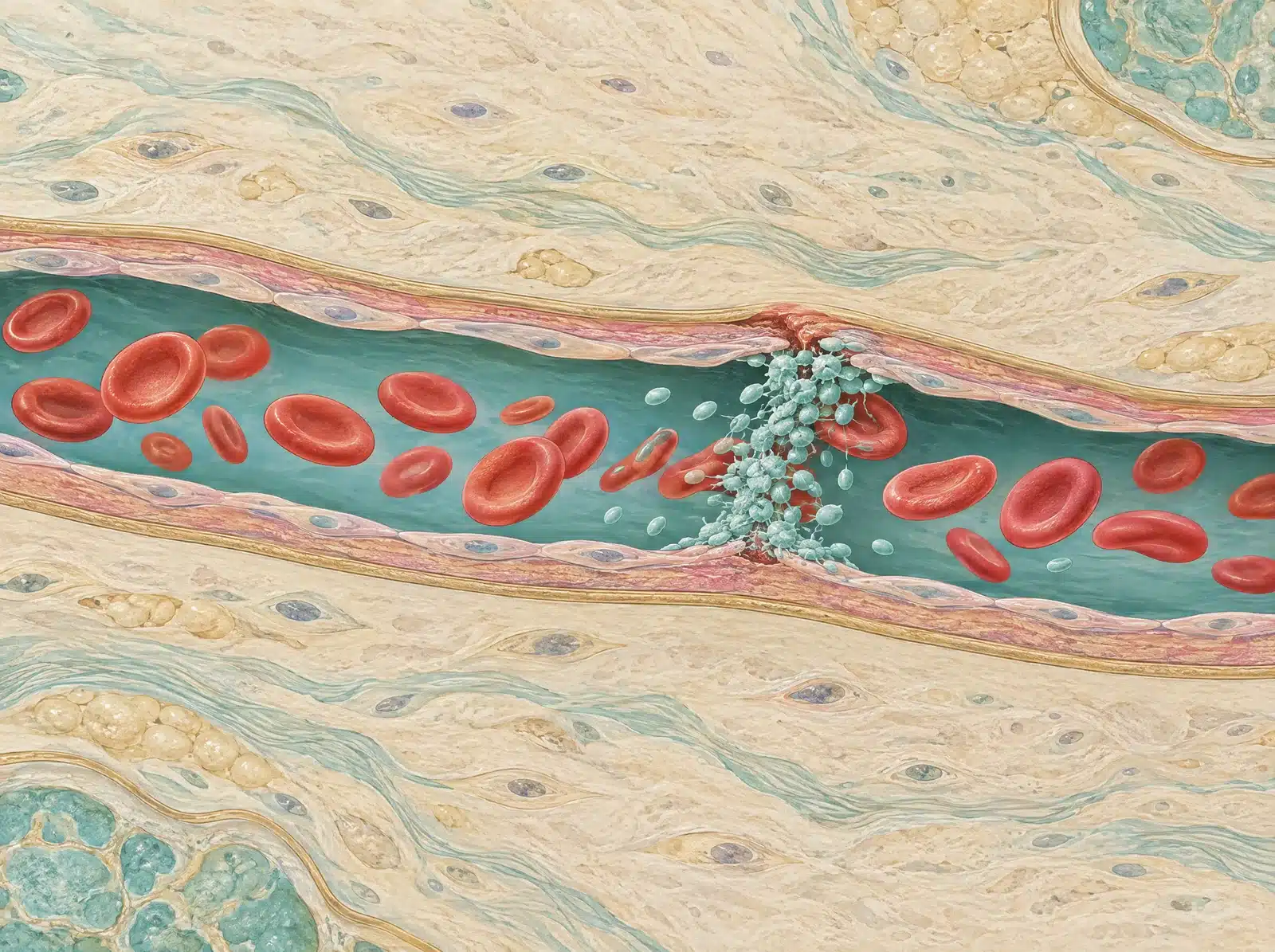 Schéma médical d'un petit vaisseau sanguin en coupe, avec des globules rouges et des plaquettes qui forment un bouchon