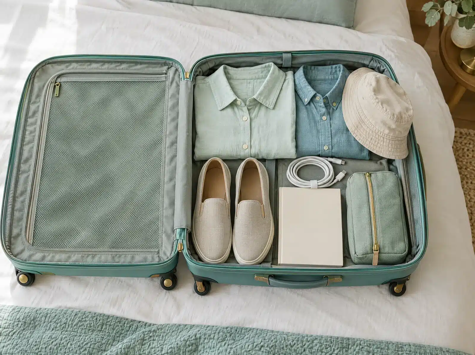 Valise cabine ouverte avec des chemises boutonnées, un chapeau ample, des chaussures sans lacets, un chargeur et un livre