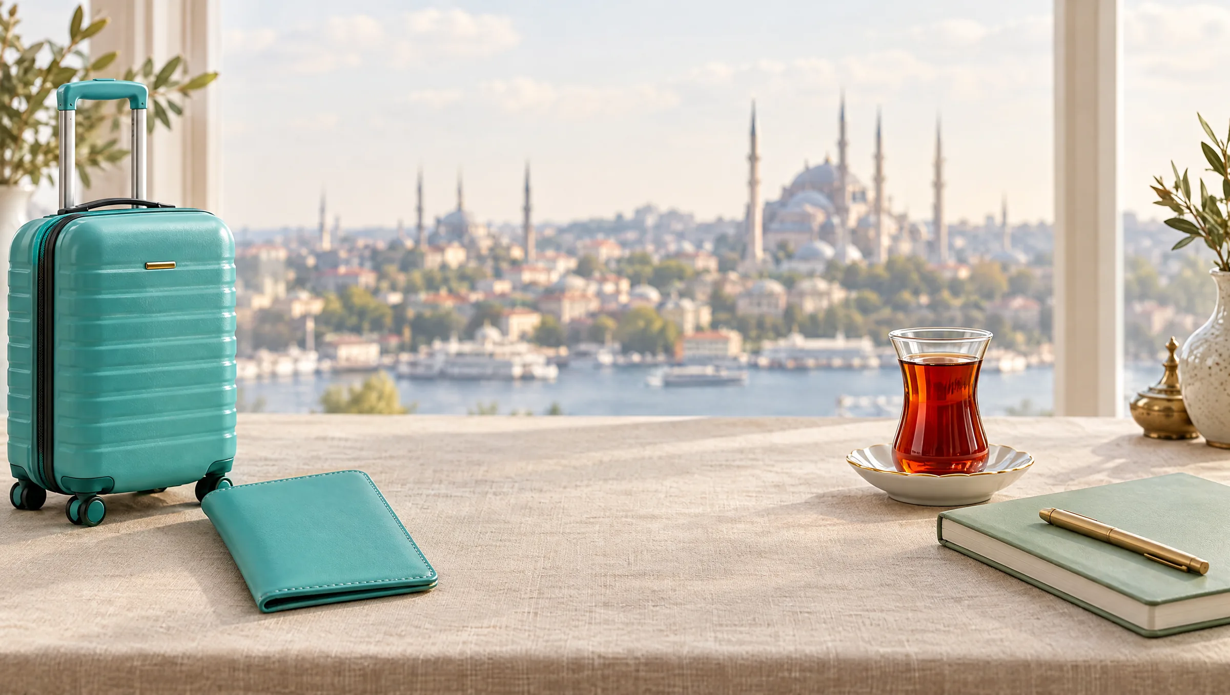 Valise turquoise, pochette de voyage, verre de thé turc et carnet posés devant une fenêtre ouverte sur Istanbul et ses mosquées