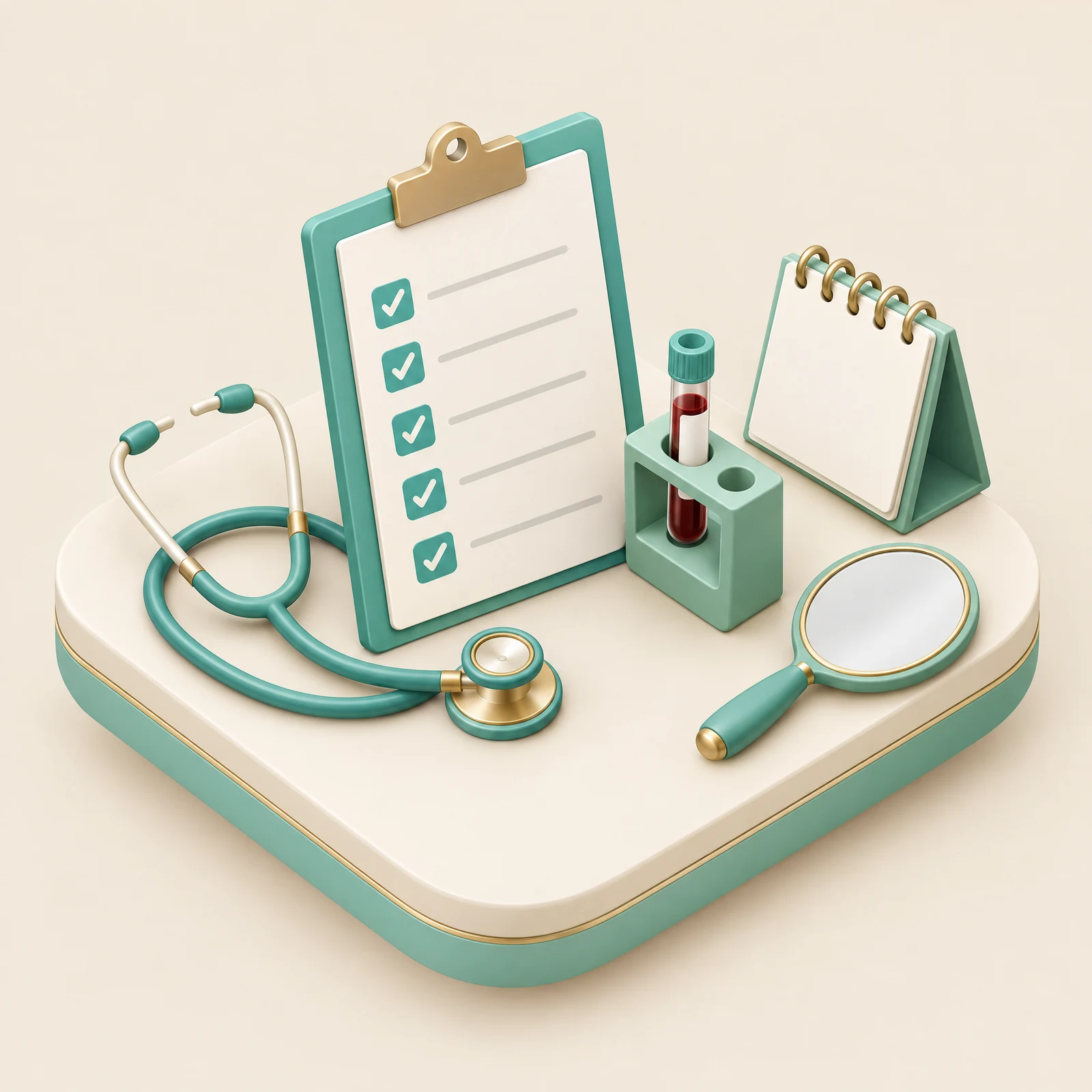 Illustration en 3D d'un bloc-notes, d'un stéthoscope, d'un tube de prélèvement, d'un calendrier et d'un miroir