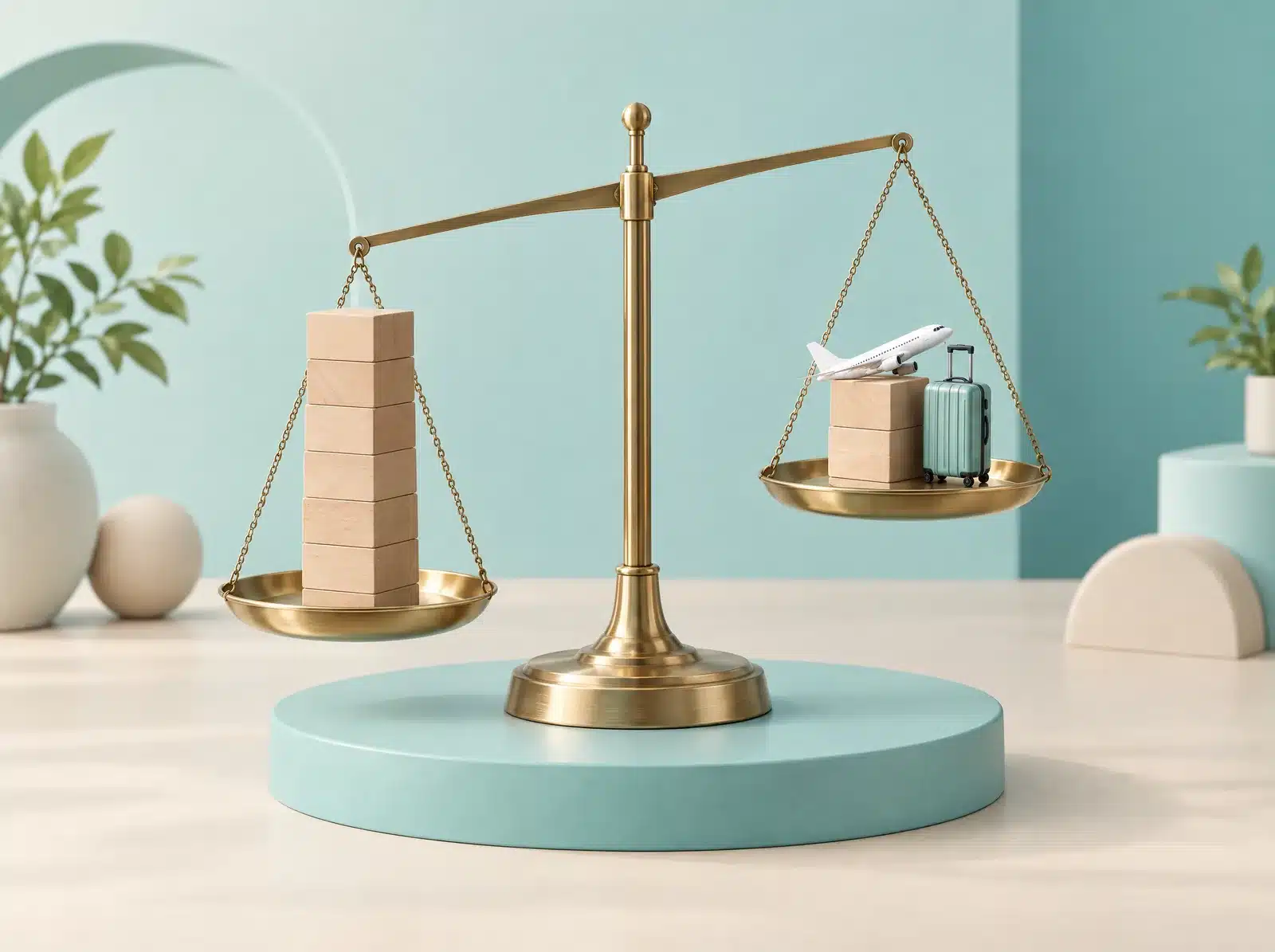 Illustration 3D d'une balance : haute pile de blocs d'un côté, pile plus basse avec un petit avion et une valise de l'autre