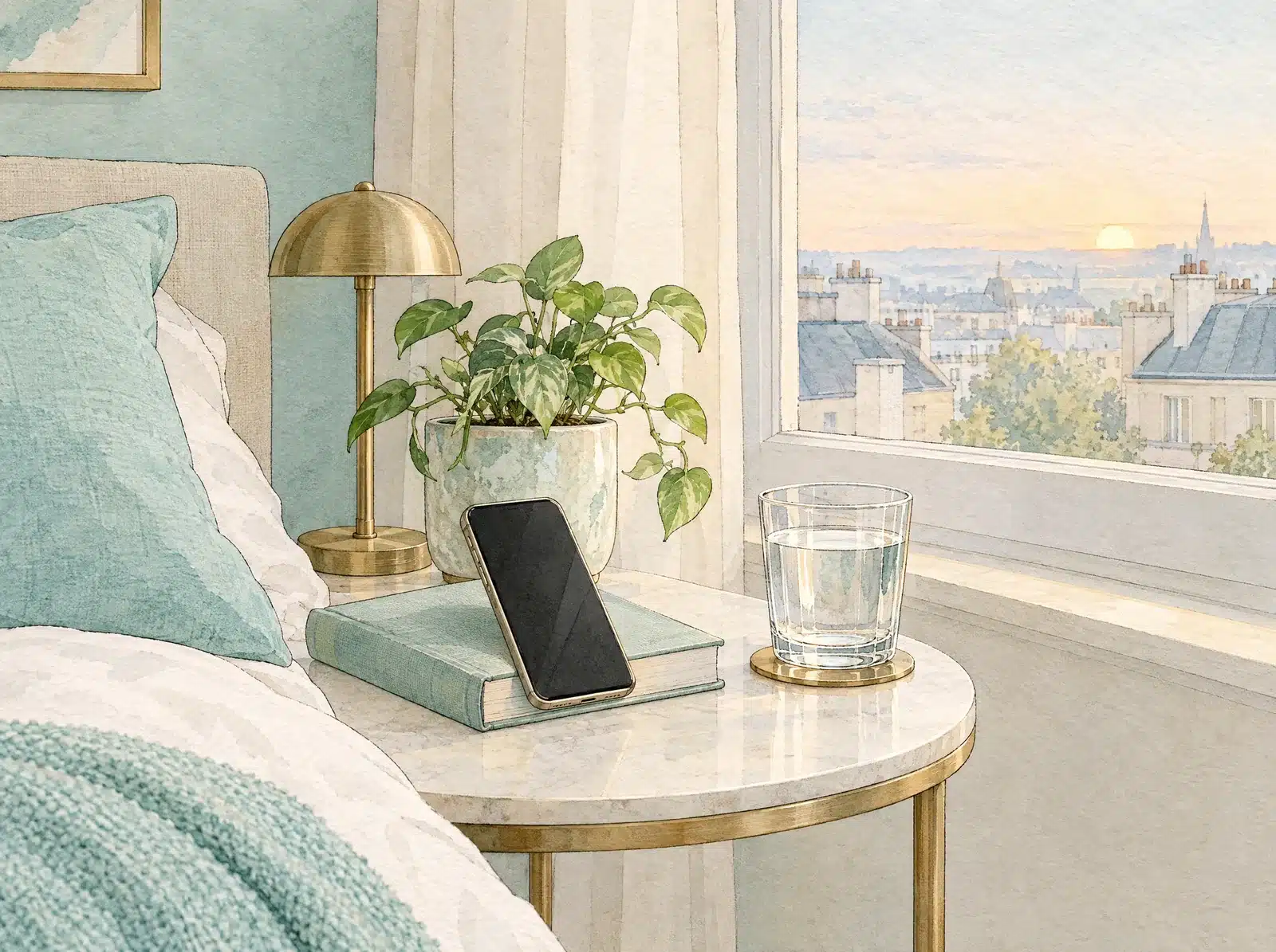 Aquarelle d'une table de chevet à l'aube : un téléphone appuyé sur un livre, un verre d'eau et une petite plante