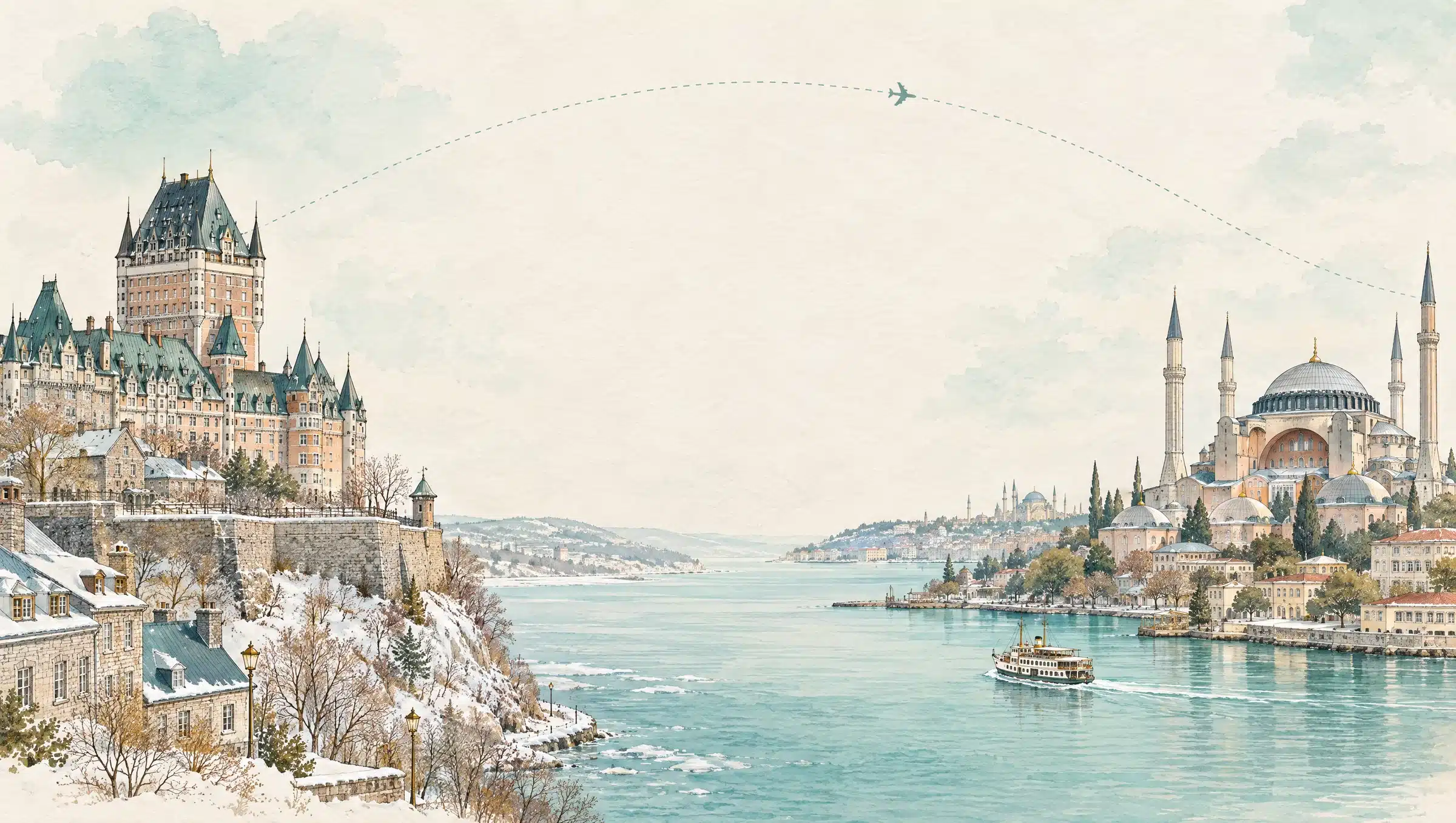 Aquarelle d'une vieille ville québécoise à gauche et des minarets d'Istanbul à droite, reliés par une ligne pointillée
