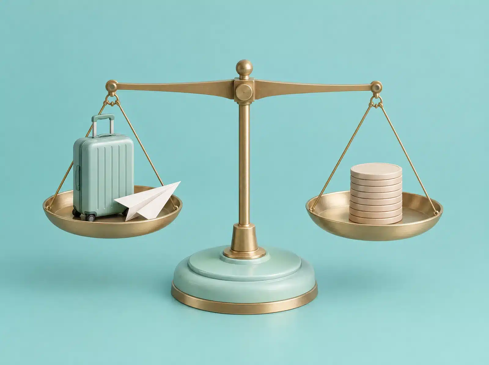 Balance en laiton : une petite valise et un avion en papier sur un plateau, une pile de pièces sur l'autre