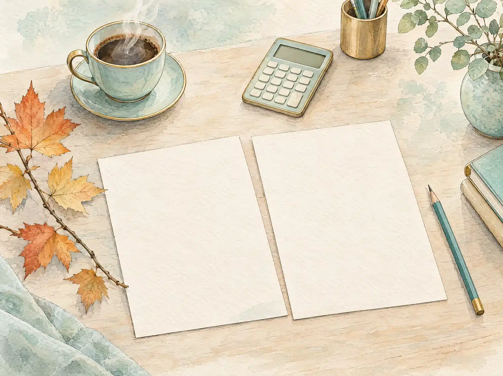 Deux feuilles de devis vierges, crayon, calculatrice, tasse de café et rameau d'érable, à l'encre et à l'aquarelle