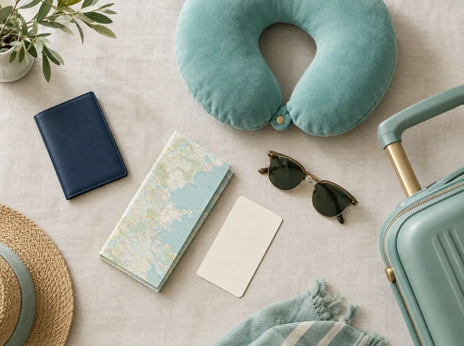 Étui de passeport uni, coussin de voyage, lunettes de soleil et carte pliée posés sur un tissu de lin clair