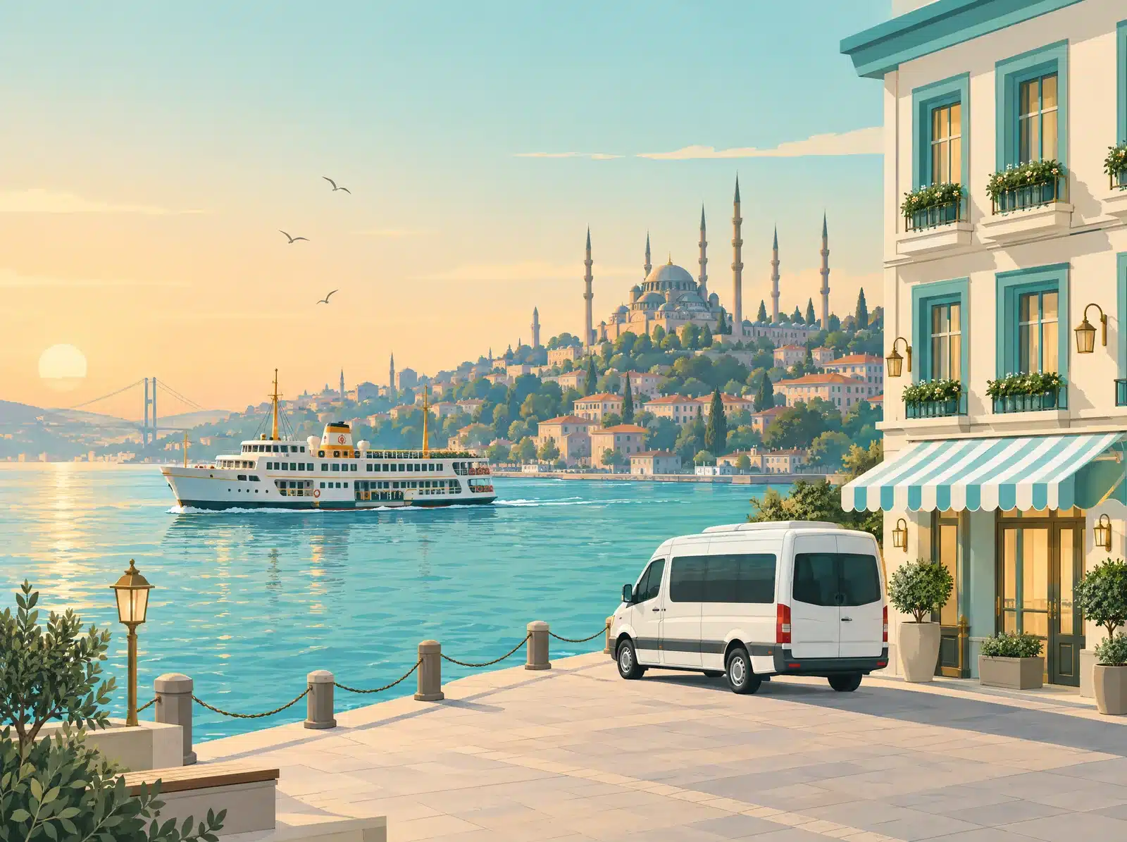 Illustration d'un front de mer à Istanbul : ferry sur le détroit, mosquée à minarets, petit hôtel et navette blanche