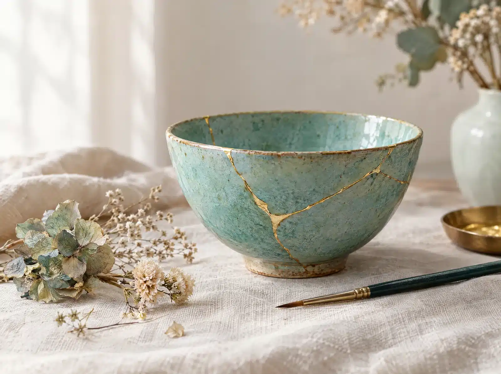 Bol en céramique réparé avec de fines coutures dorées, posé sur un tissu en lin avec un pinceau et des fleurs séchées.
