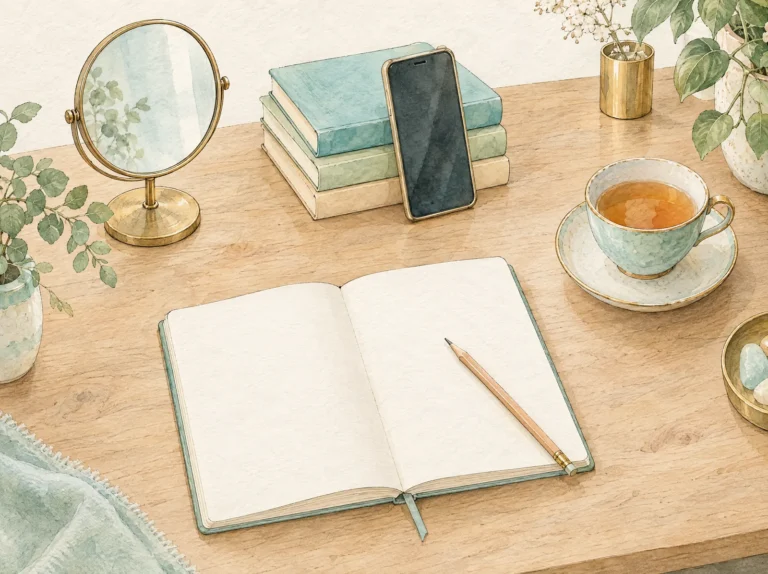 Bureau en bois vu de dessus : miroir à main, téléphone appuyé sur des livres, carnet ouvert et crayon, tasse de thé, en aquarelle.