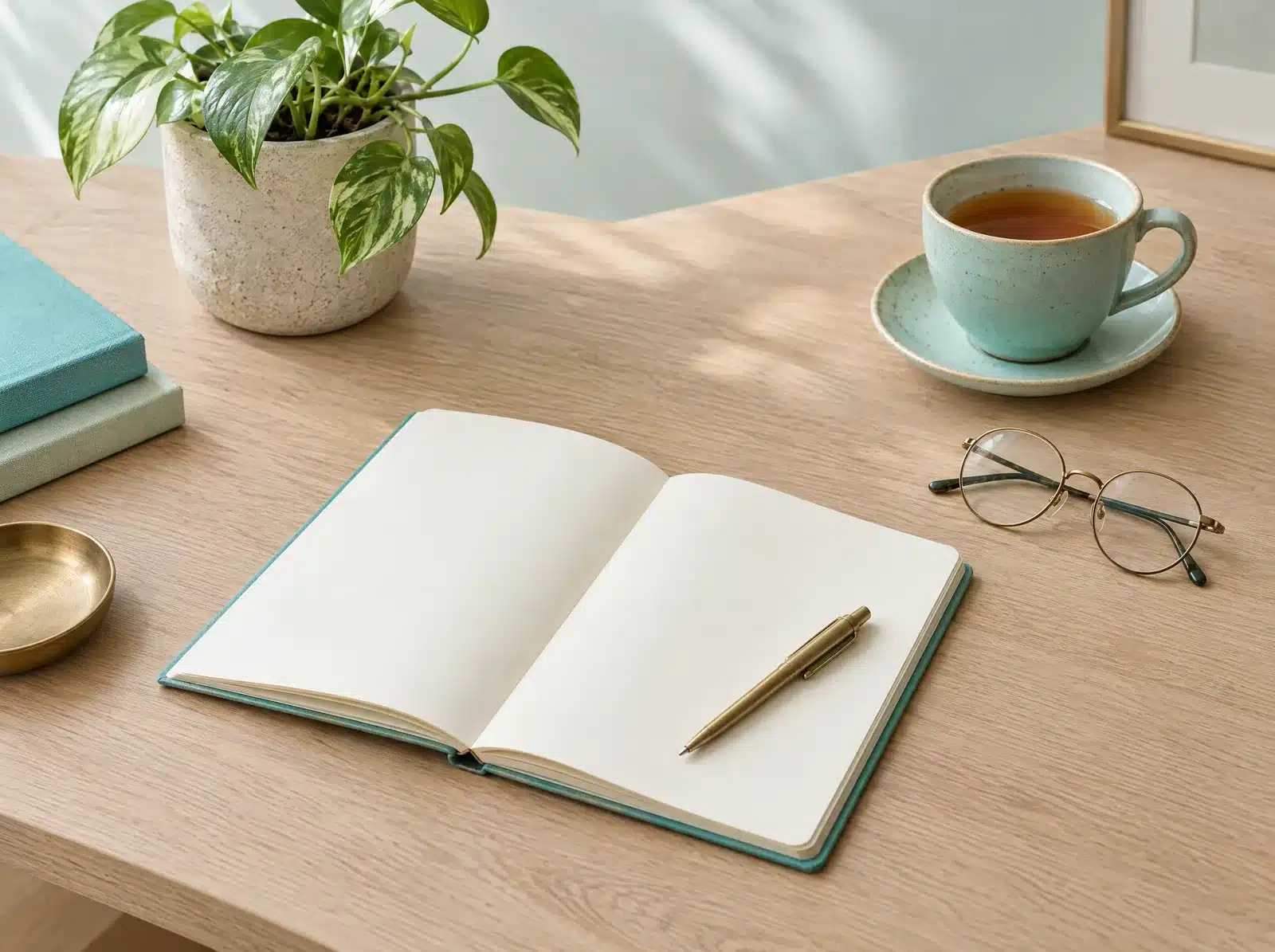 Carnet ouvert aux pages vierges, stylo en laiton, lunettes de lecture, petite plante et tasse de thé sur un bureau en chêne clair