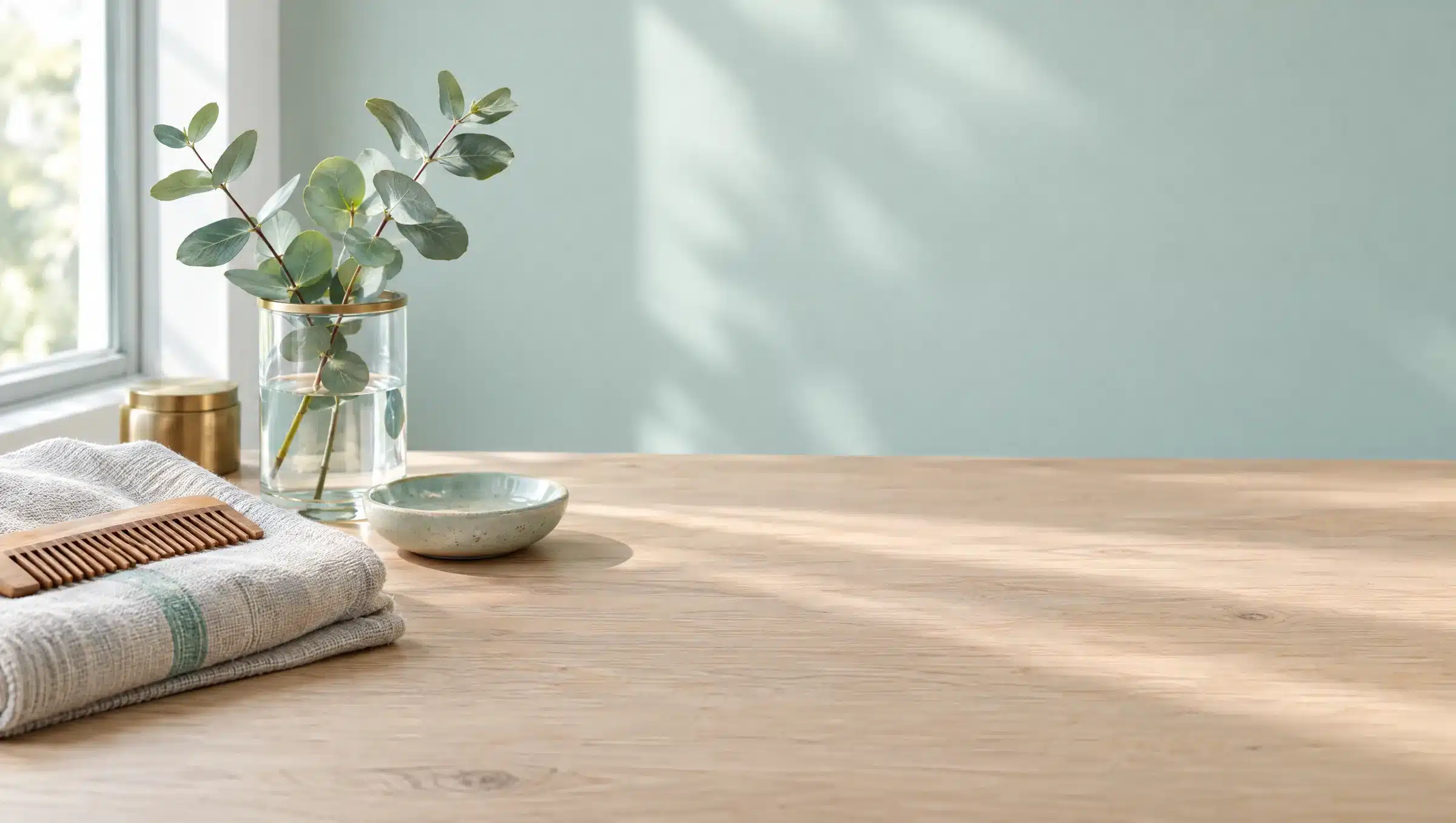 Nature morte lumineuse sur une table en chêne clair : serviette en lin pliée, peigne en bois, coupelle en céramique et branche d'eucalyptus.