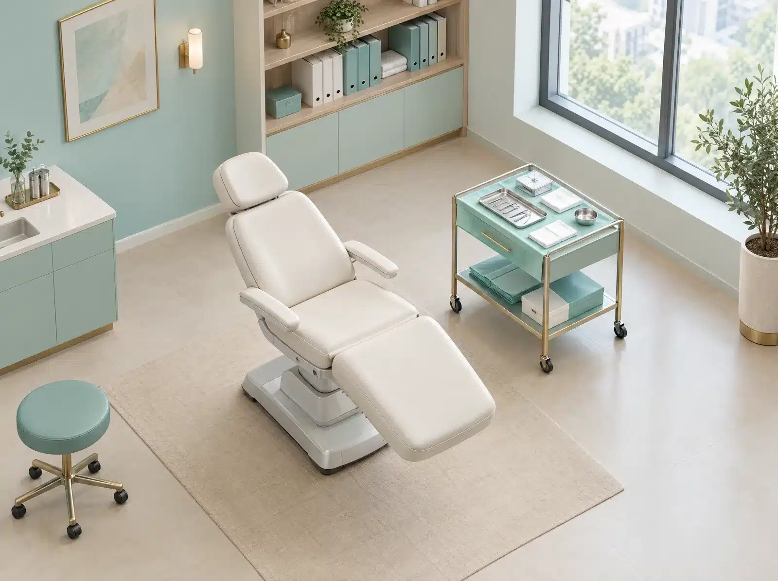 Salle de soin vide et très propre vue de dessus : fauteuil inclinable, table d'instruments rangés et étagère de dossiers.