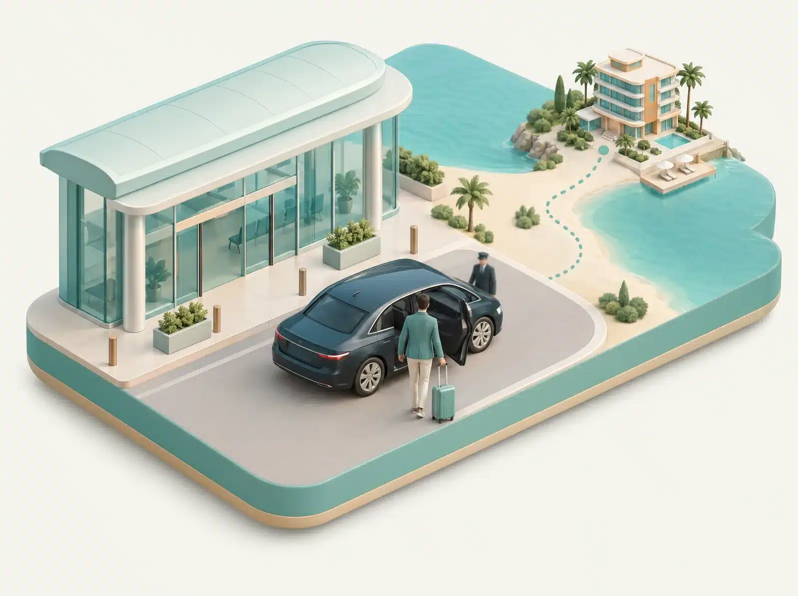 Illustration 3D d'une arrivée à l'aéroport : voyageur de dos avec sa valise, chauffeur près d'une voiture, route vers l'hôtel