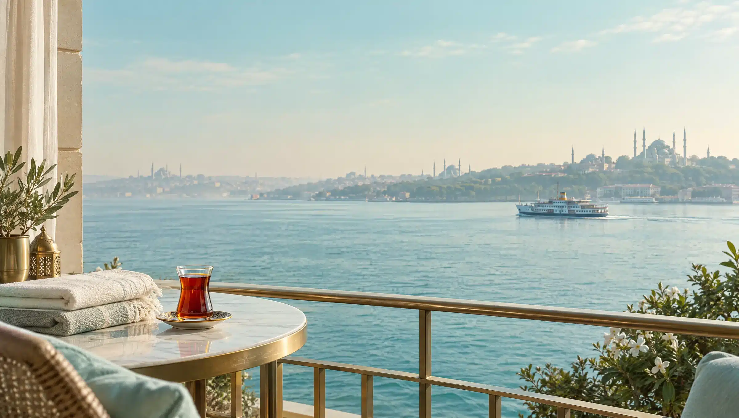 Balcon d'hôtel au petit matin avec un verre de thé et, au loin, un ferry sur le Bosphore et les coupoles d'Istanbul