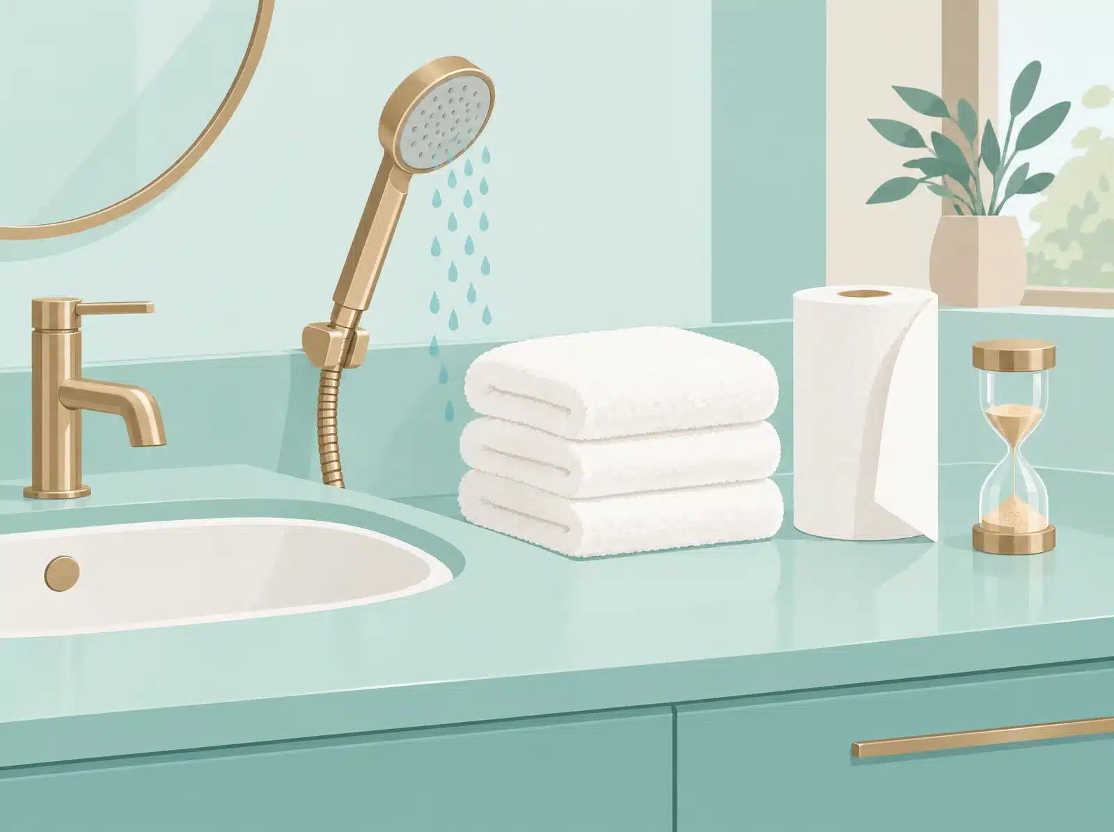 Illustration vectorielle d'un espace de lavage de clinique : pomme de douche, serviettes blanches, papier absorbant, sablier