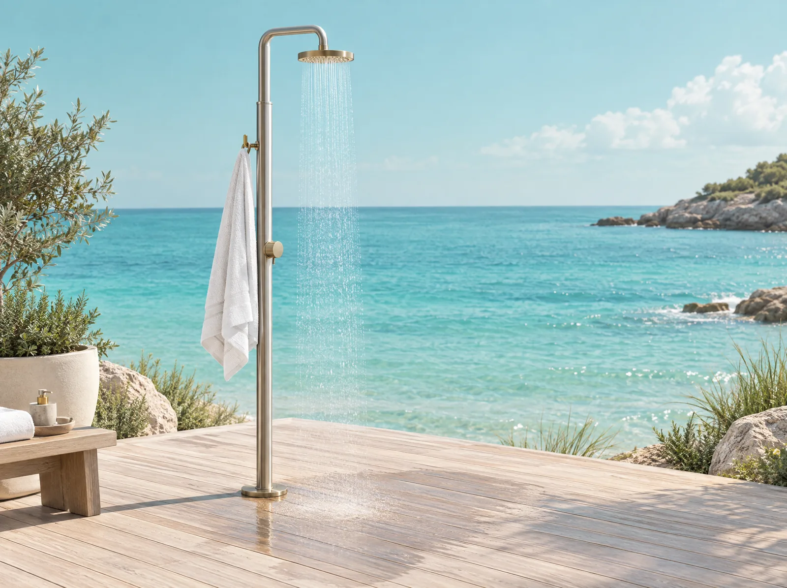 Illustration 3D d'une douche de plage sur un ponton en bois, avec une serviette pliée et la mer turquoise au fond
