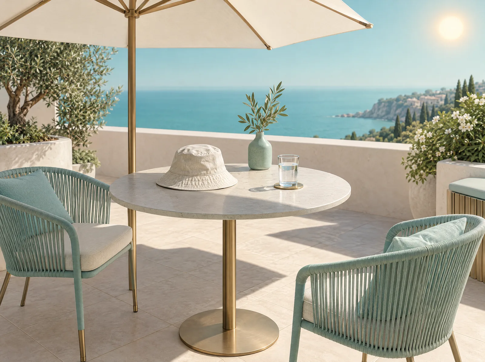 Illustration 3D d'une terrasse à l'ombre d'un grand parasol, avec un bob en coton et un verre d'eau sur la table