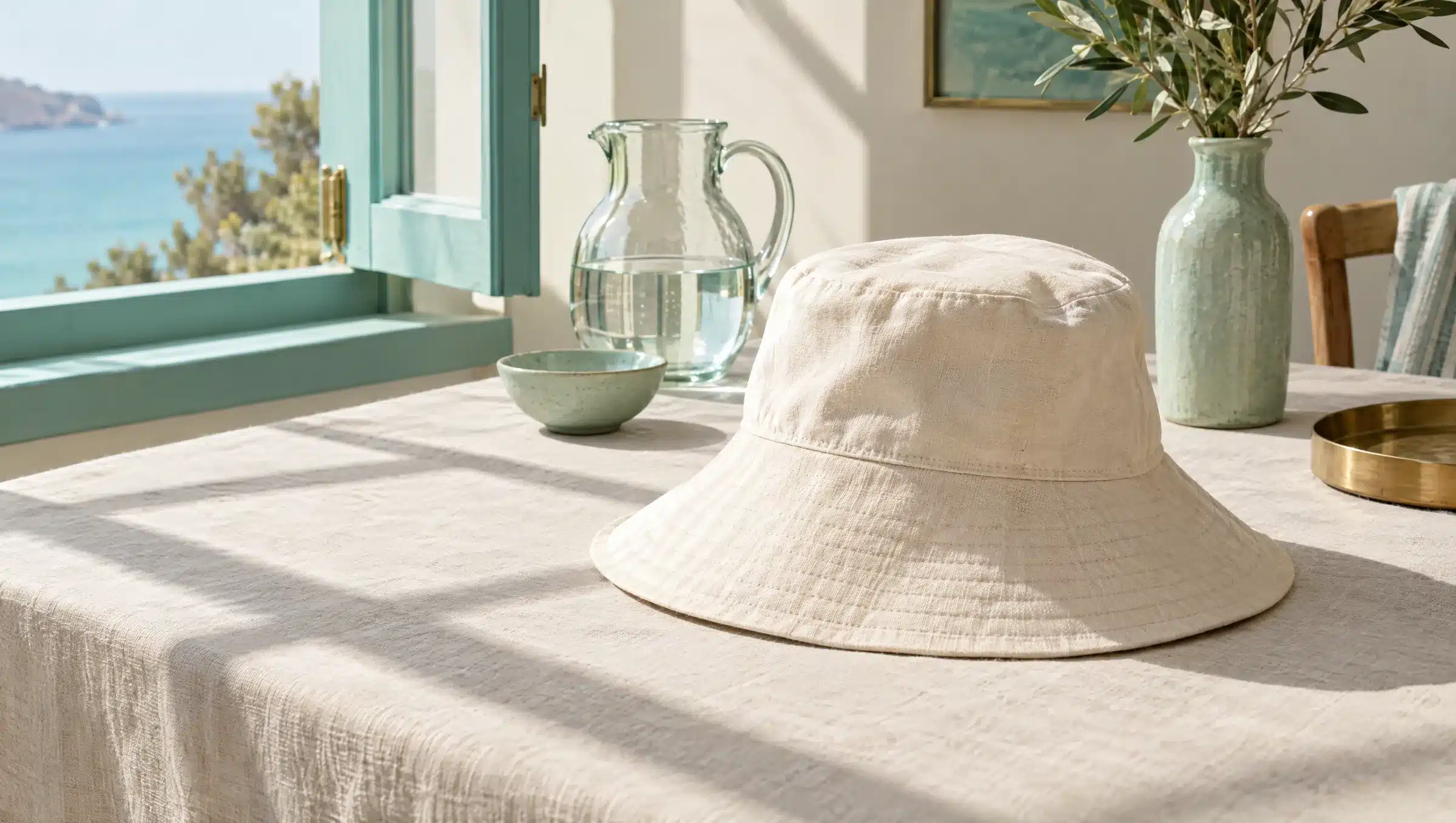 Bob en coton crème posé sur une table en lin, dans la lumière chaude d'une fenêtre, avec un pichet d'eau en arrière-plan